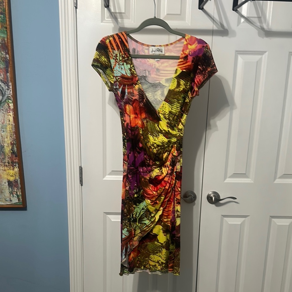 Joseph Ribkoff Multi-color Faux Wrap Midi Dress V-Neck